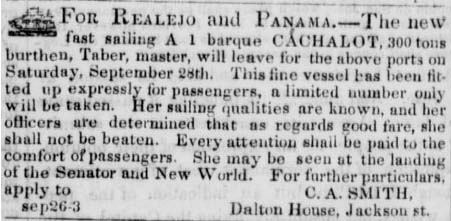 Barque Cachalot ad. Daily Alta California, September 28, 1850.