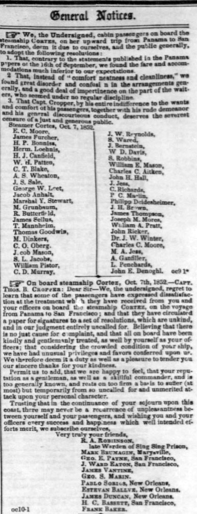 Compliments from passengers by teh Cortes, October 9, 1852.