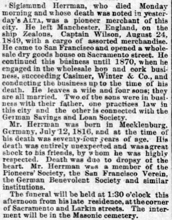 Sigismund Herrman Obituary March 26, 1890.